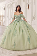Sage green off-shoulder quinceanera gown with half sleeves, embroidered bodice
