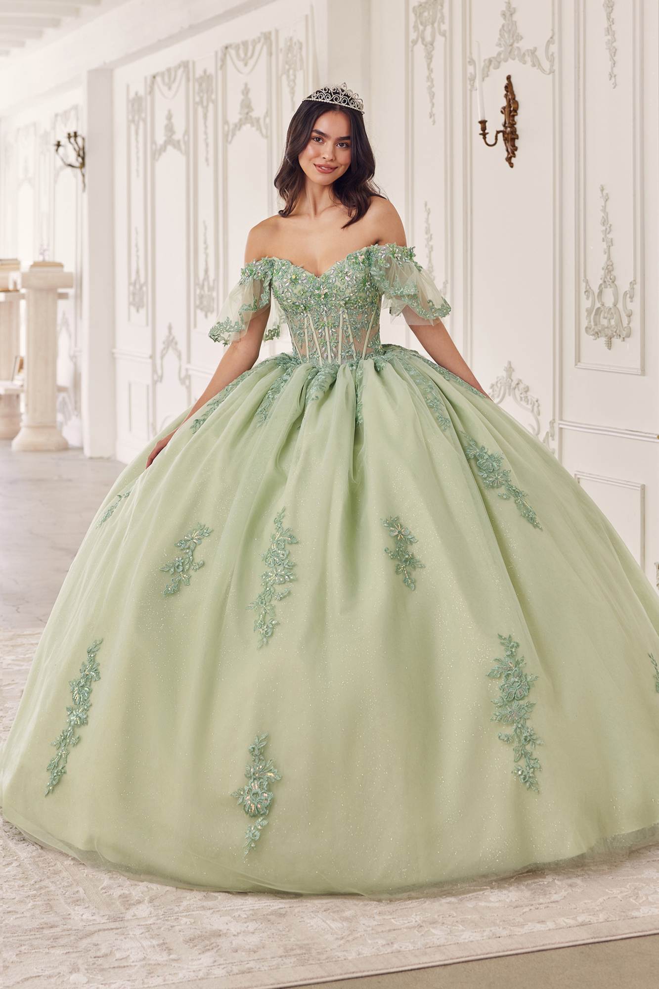 Sage green off-shoulder quinceanera gown with half sleeves, embroidered bodice