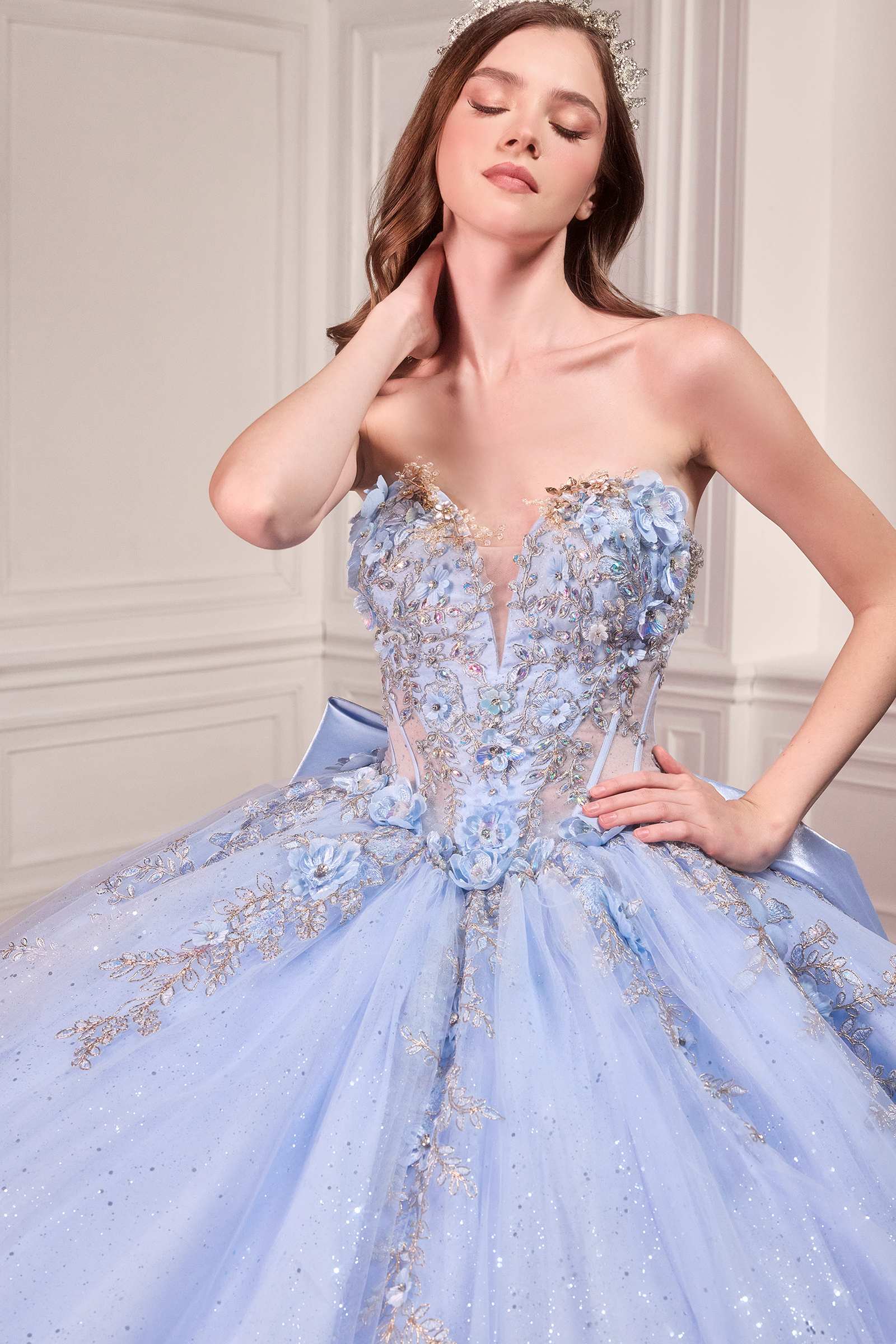 Light blue strapless sweetheart ball gown with detailed beaded bodice and full tulle skirt