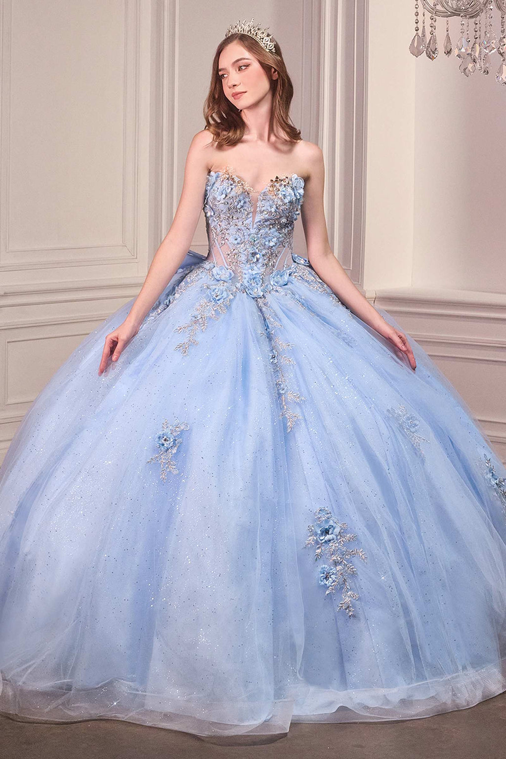 Light blue strapless sweetheart ball gown with beaded corset bodice and full tulle skirt