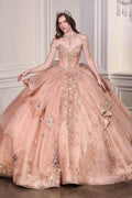 Rose gold ball gown with shimmering tulle layers and embroidered bodice