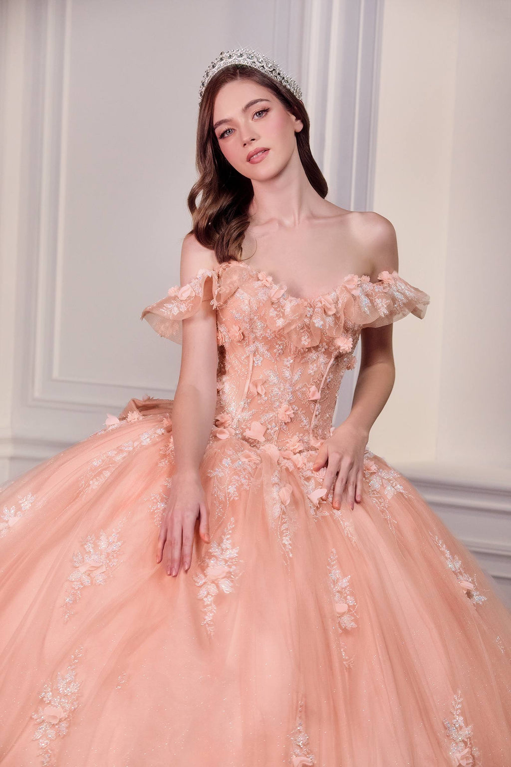 Blush off-shoulder ball gown with corset bodice, floral lace sleeves, and tulle skirt