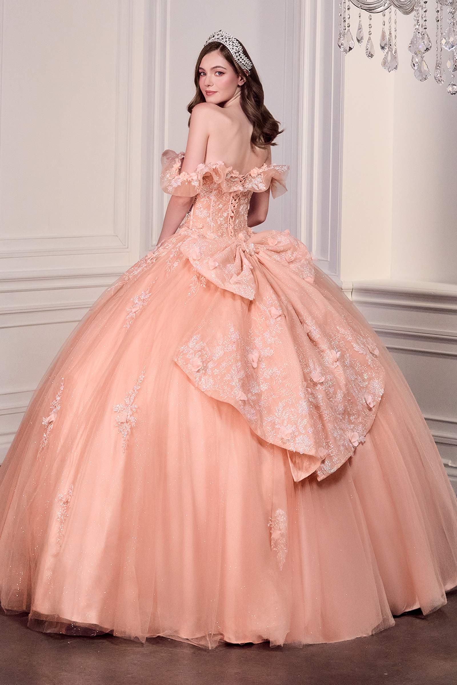 Blush off-shoulder quinceanera ball gown with floral embroidery and voluminous A-line skirt