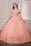 Blush off-shoulder quinceanera ball gown with embroidered bodice and full A-line skirt