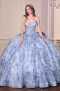 Blue strapless sweetheart ball gown with intricate glitter embroidery and full skirt.
