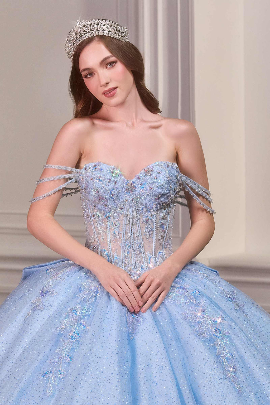 Light blue off-shoulder beaded corset bodice with sweetheart neckline and full skirt