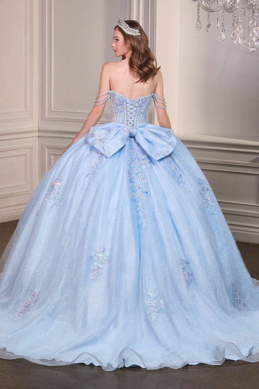 Light blue off-shoulder beaded corset bodice ball gown with bow back and full skirt