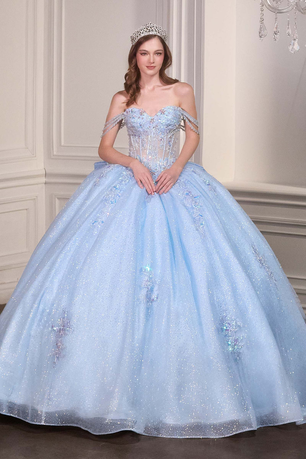 Light blue off-shoulder beaded corset bodice ball gown with full tulle skirt