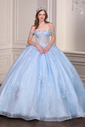 Light blue off-shoulder beaded corset bodice ball gown with full tulle skirt
