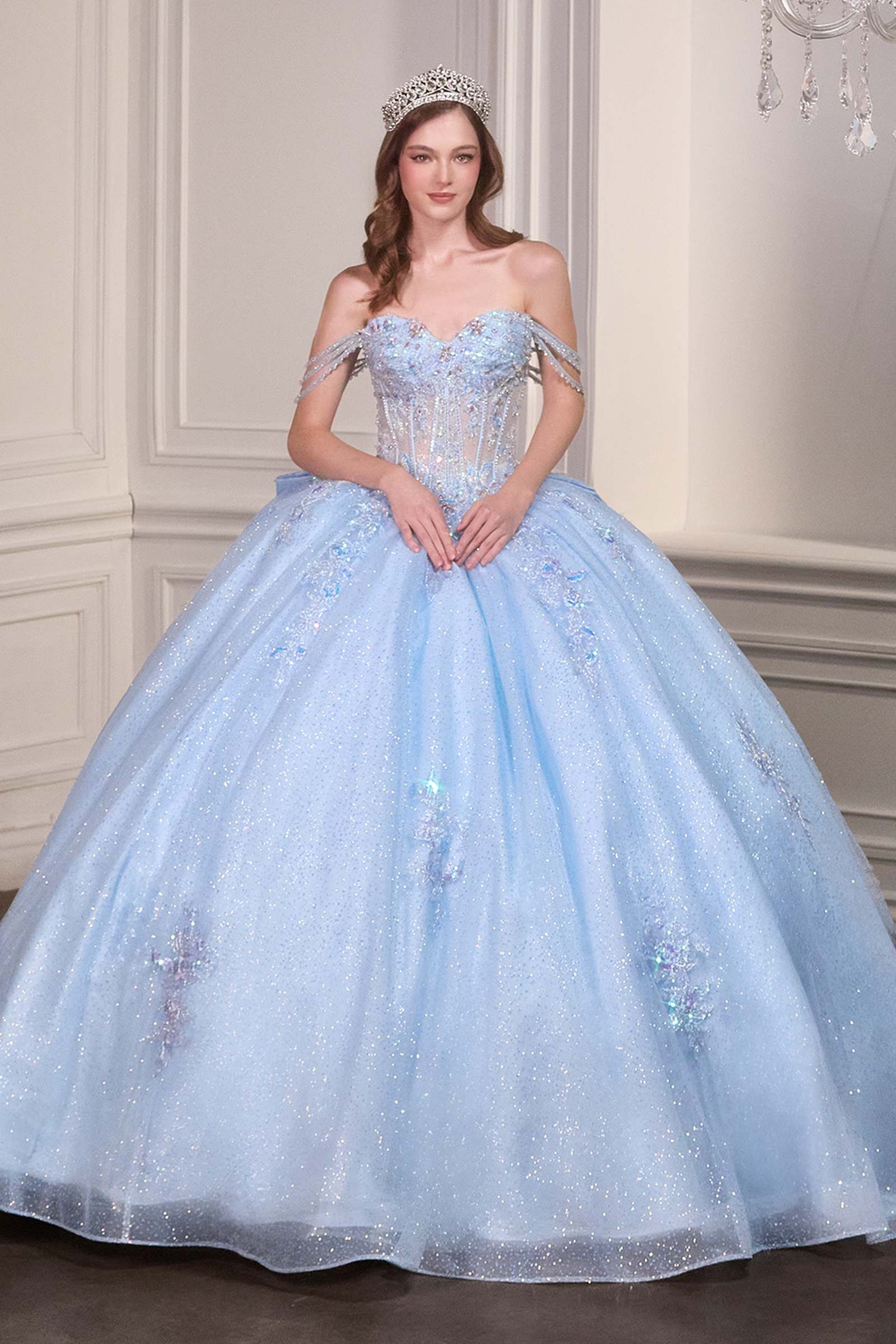 Light blue off-shoulder beaded corset bodice ball gown with full tulle skirt