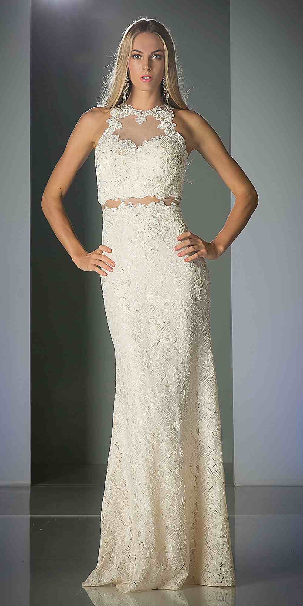 Ivory lace two-piece-style gown with high halter neckline and floral appliques