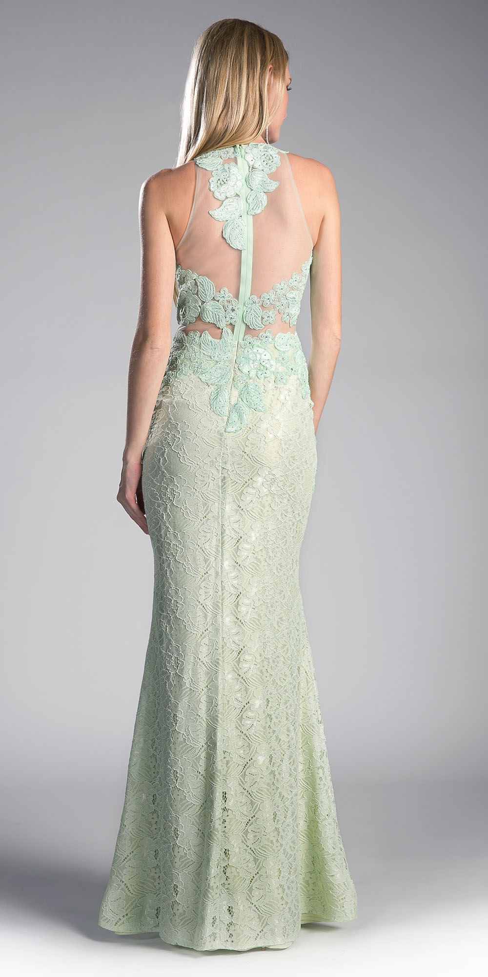 Mint lace gown with open back and floral appliques, fitted mermaid silhouette