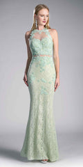 Mint lace halter gown with floral appliques and fitted mermaid silhouette