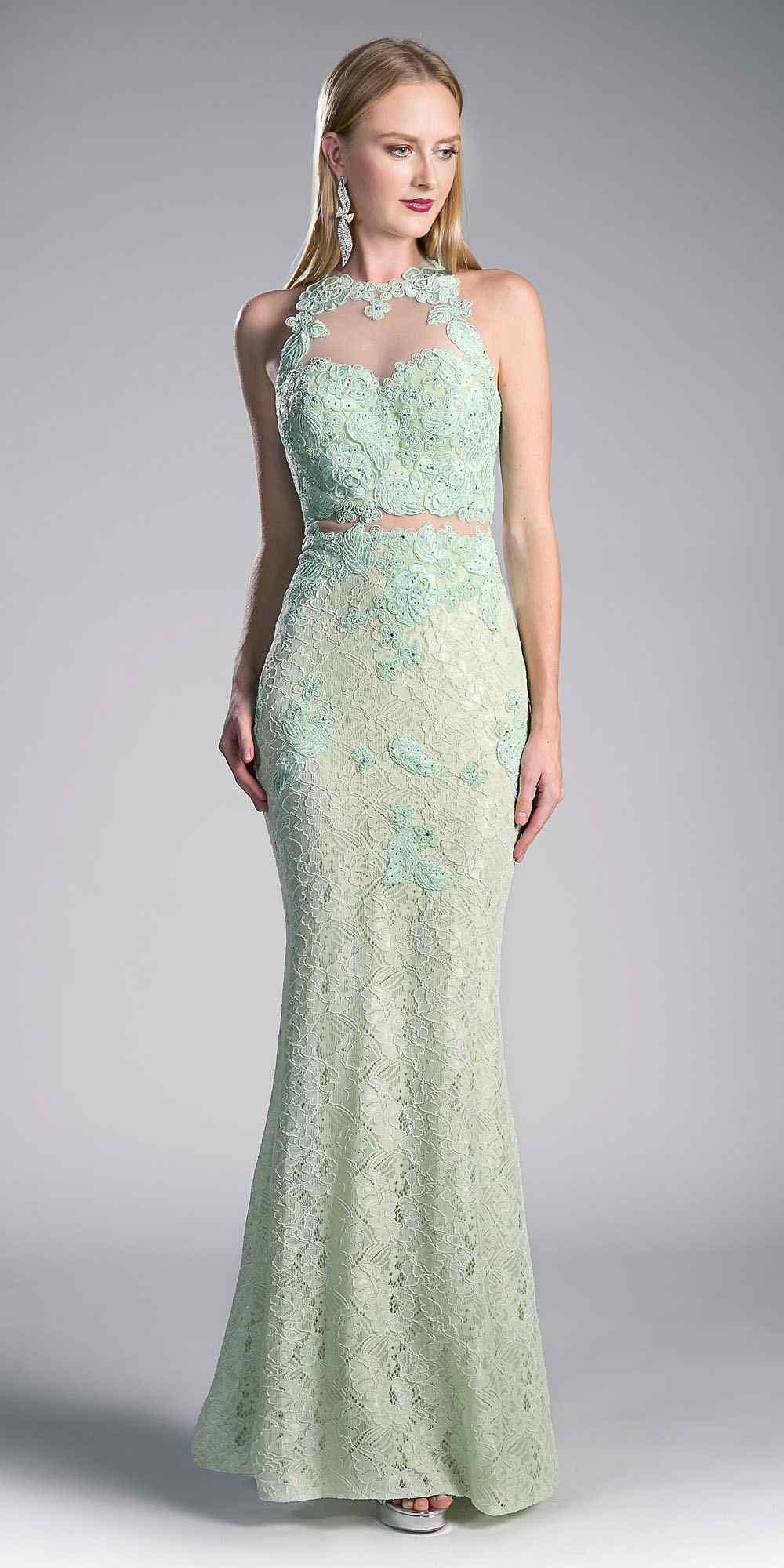 Mint lace halter gown with floral appliques and fitted mermaid silhouette