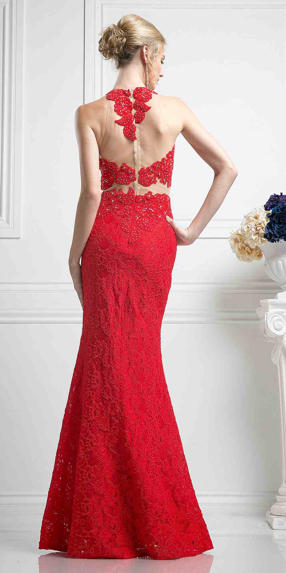 Red halter lace gown with floral appliques, mock two-piece look and fitted back