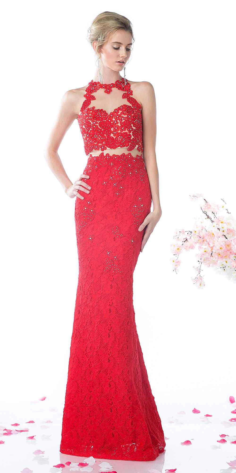 Red lace halter gown with floral appliques and mock two-piece fitted skirt
