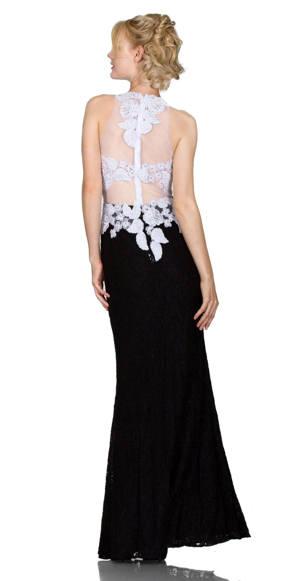Black lace gown with white illusion lace back and floral appliques, mermaid hem