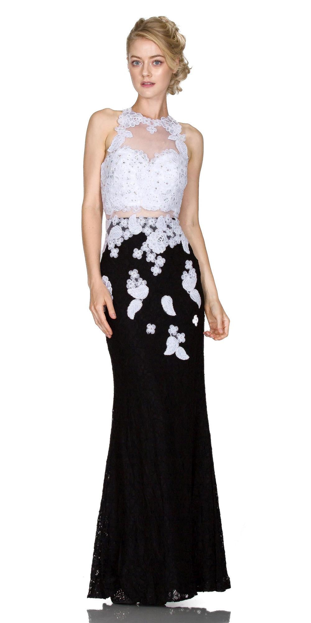 Black mermaid-style lace gown with white illusion halter bodice and floral appliques
