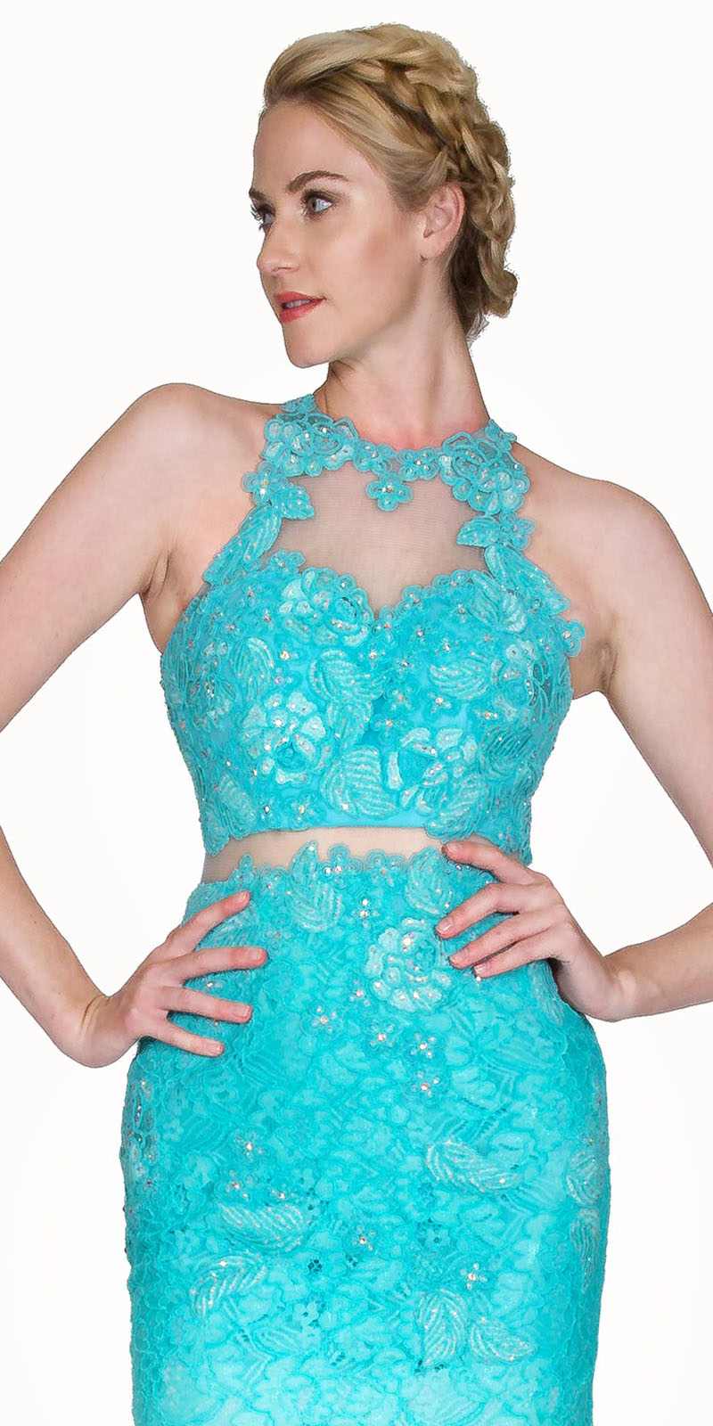 Turquoise lace halter bodice with floral appliques, fitted waist detail