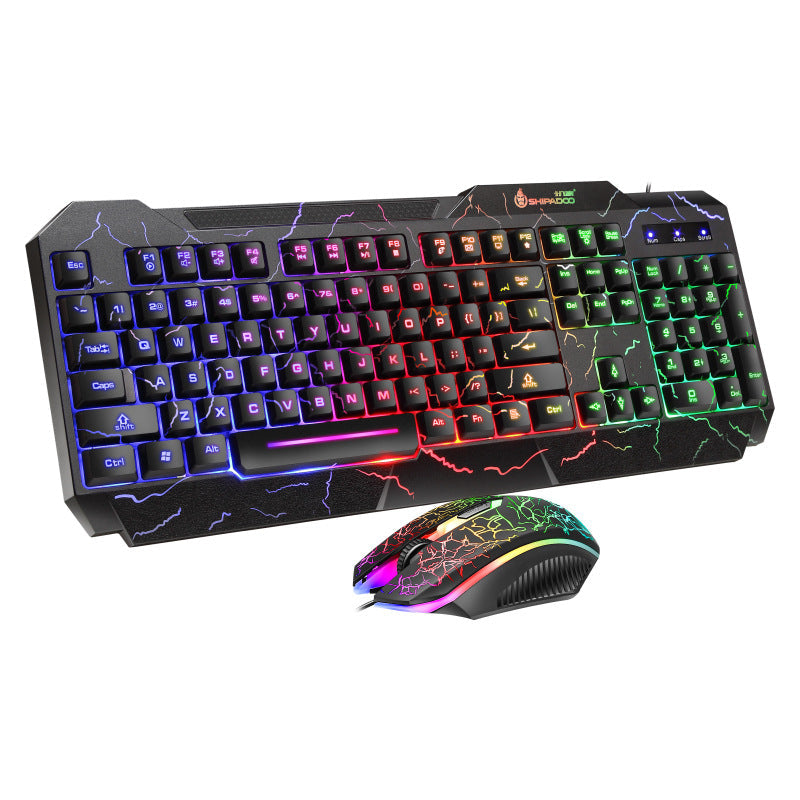 Gaming keyboard with multicolor RGB backlit keys and wired USB mouse, neon cracks