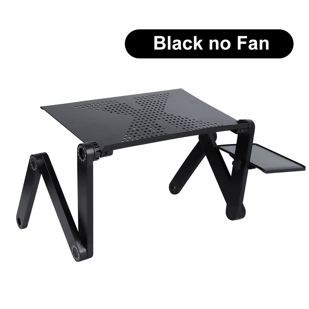 Black folding laptop desk with perforated platform and two adjustable side supports