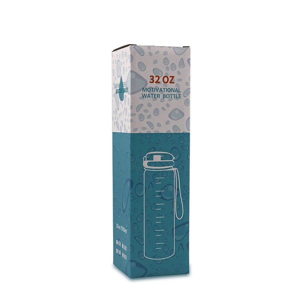 Retail box for motivational water bottle, printed with bottle icon and “32 OZ”