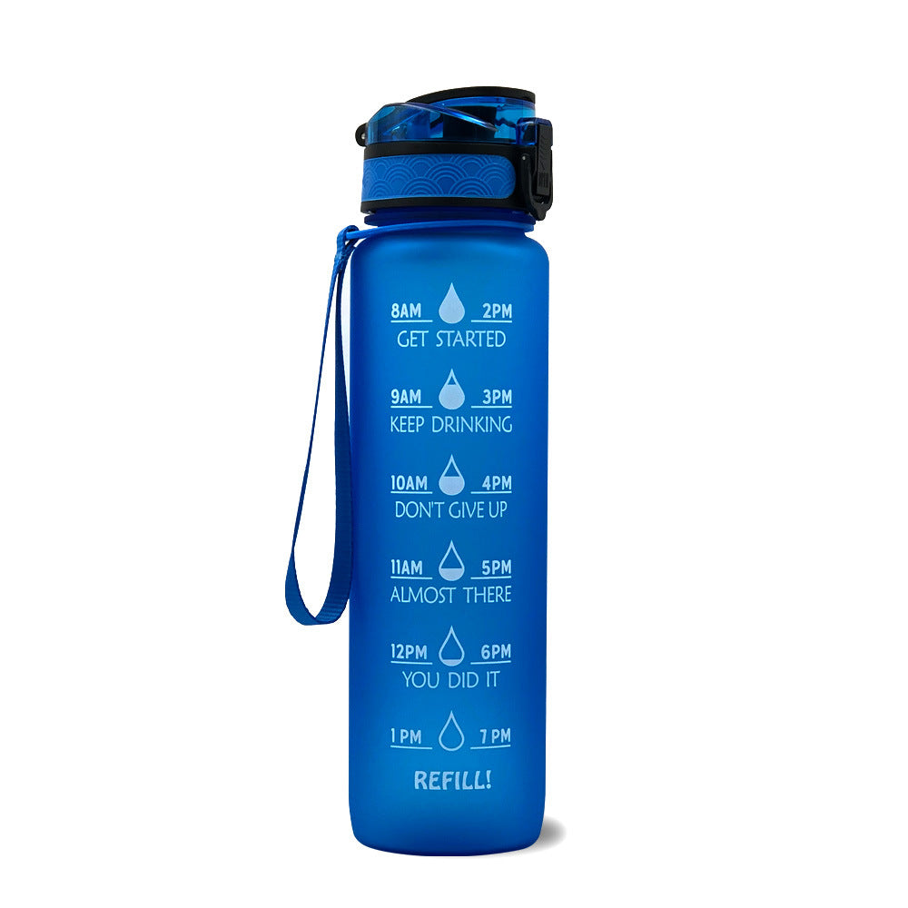 1L blue water bottle with black lid and blue wrist strap; motivational time markers
