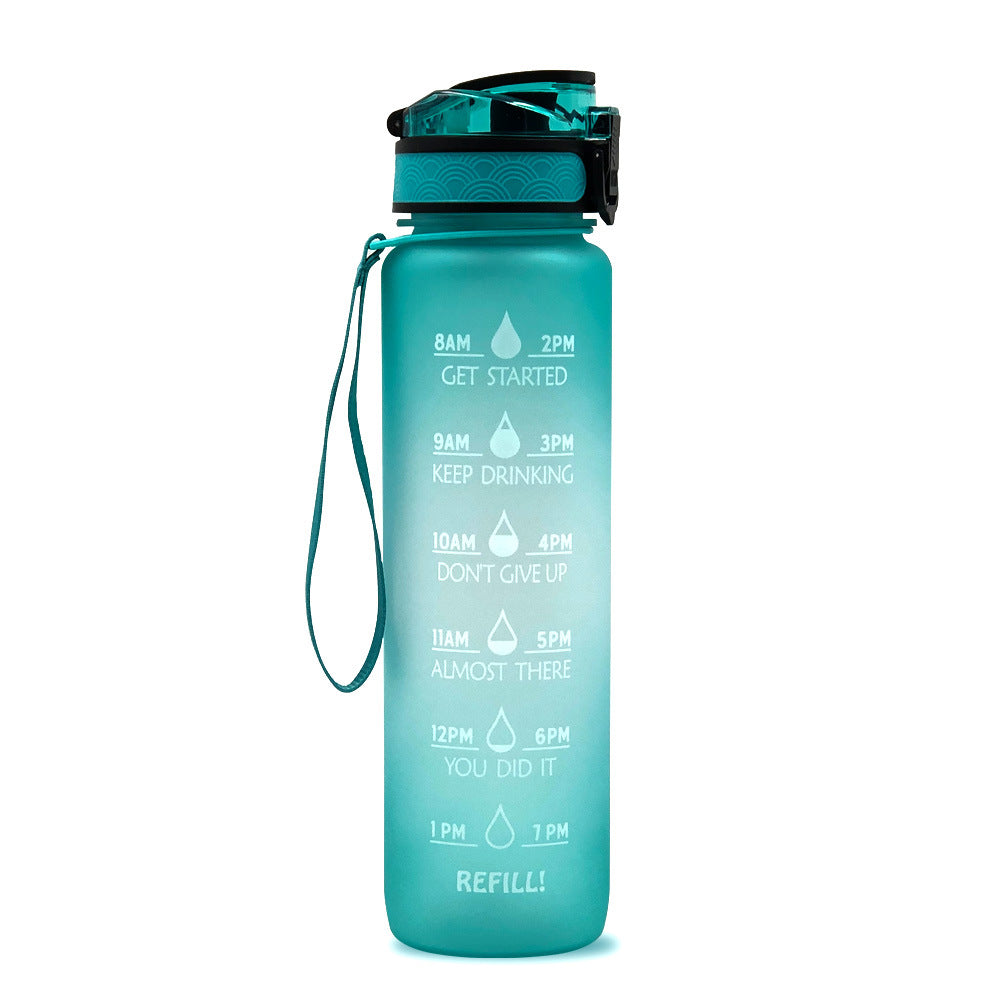 1L time marker water bottle with carry strap, teal-to-green gradient body and black lid