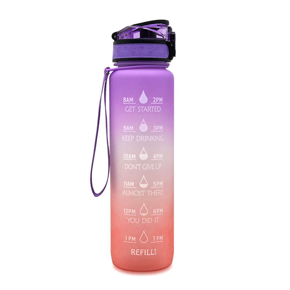 1L time marker water bottle with carry strap, purple-to-orange gradient body and black lid