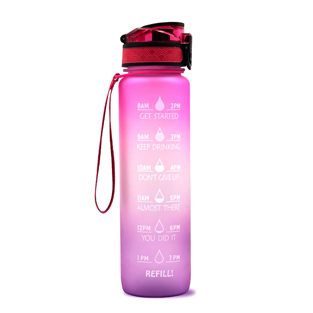 1L time marker water bottle with carry strap, pink-to-purple gradient body and black lid