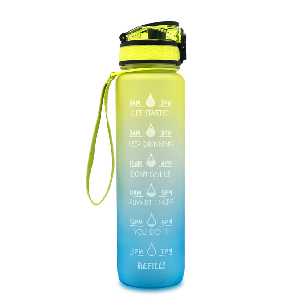 1L time marker water bottle with carry strap, lime-to-blue gradient body and black lid