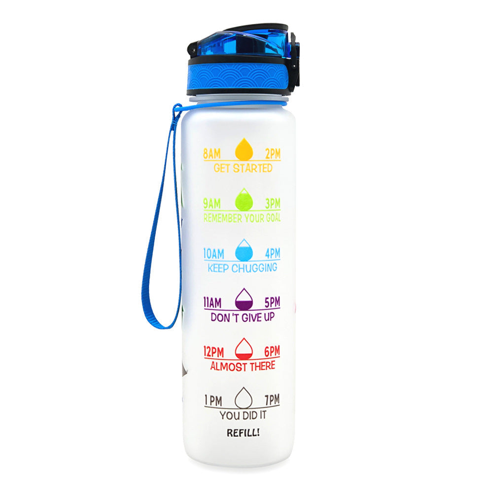 1L clear/white gradient bottle with blue lid and blue wrist strap; time marker text