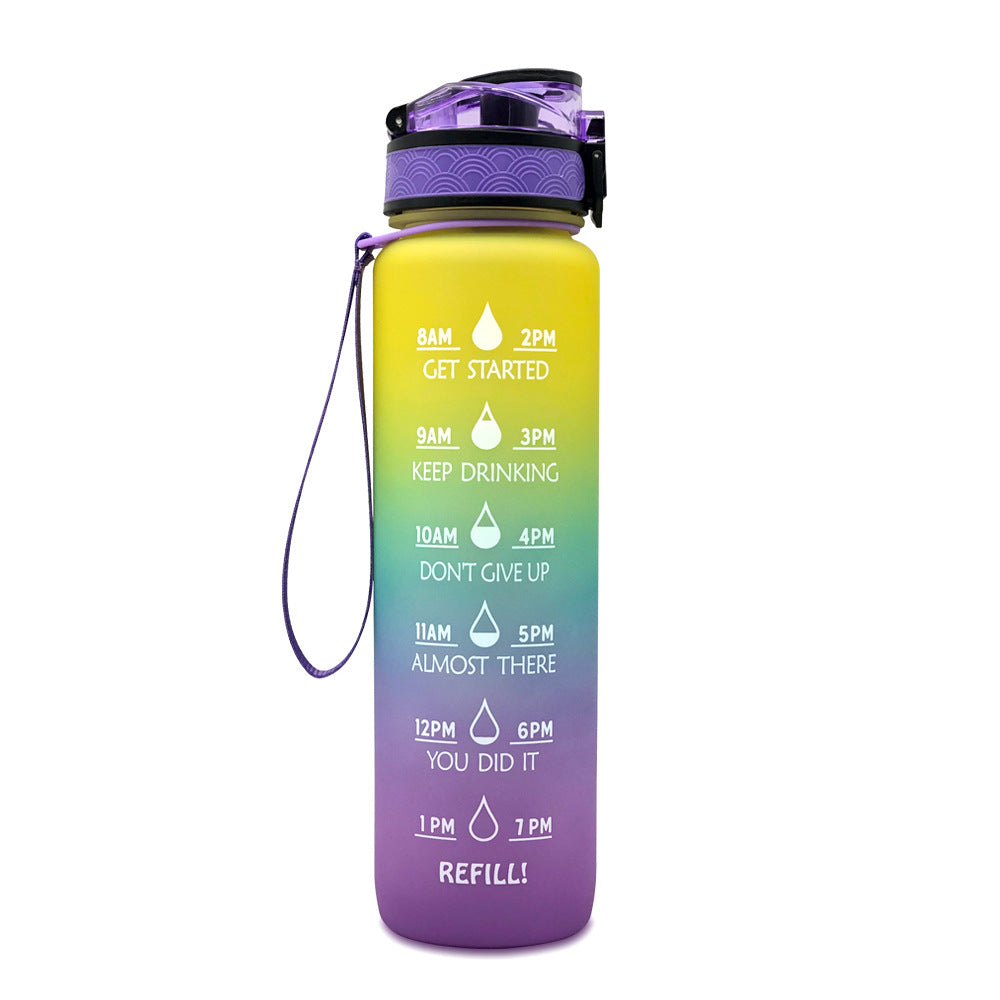 1L time marker water bottle with carry strap, yellow-to-purple gradient body and black lid