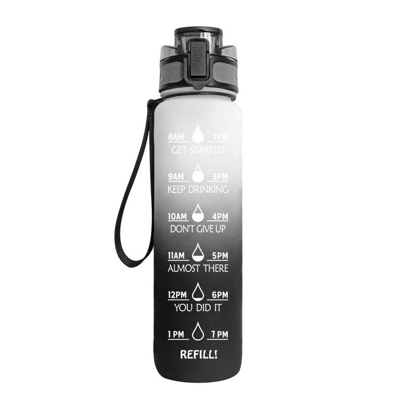 1L dark bottle with black lid and wrist strap; motivational time markers on front