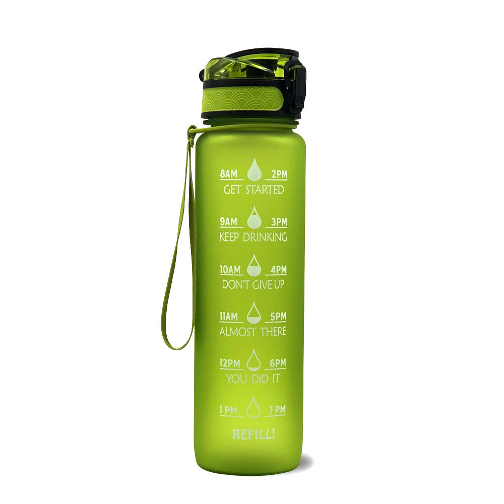 1L green bottle with black lid and green wrist strap; motivational time marker graphics