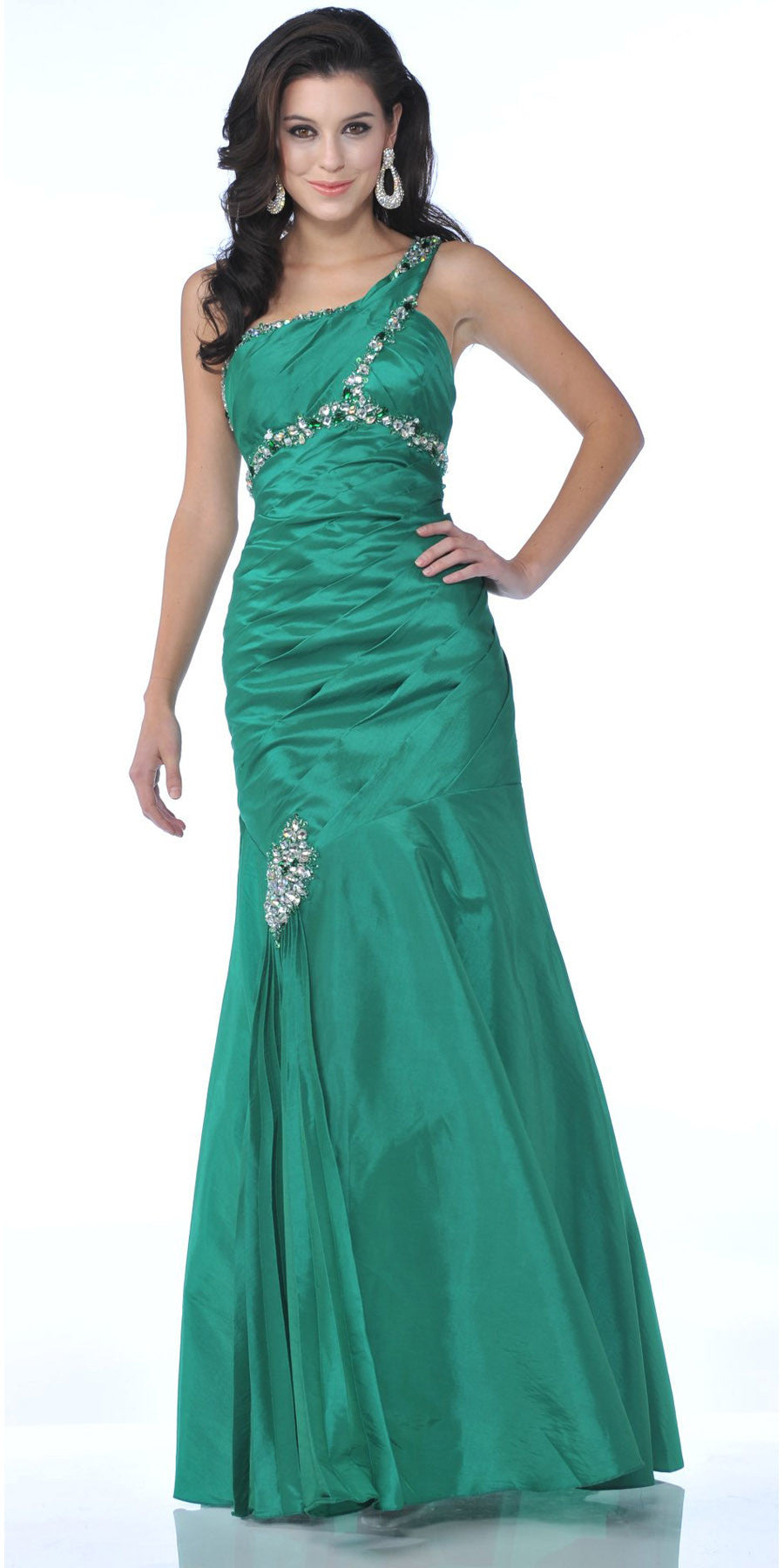 One-shoulder long green satin dress with jeweled trim along neckline and waist, flared hem