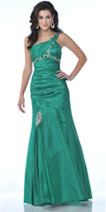 One-shoulder long green satin dress with jeweled trim along neckline and waist, flared hem