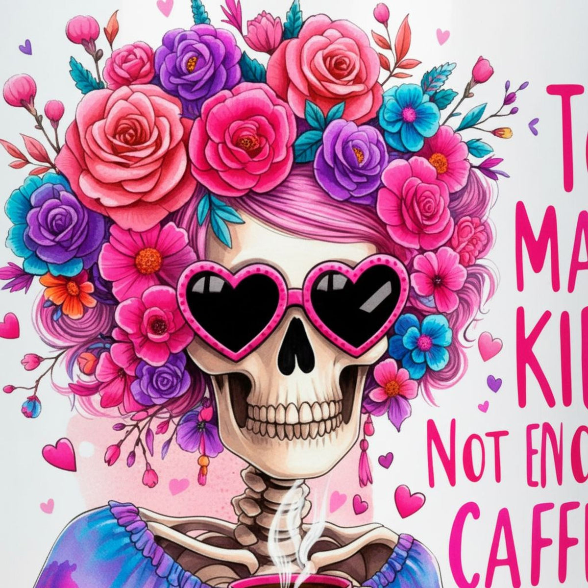 Close-up of mug artwork: skull wearing heart sunglasses under a colorful rose floral crown.