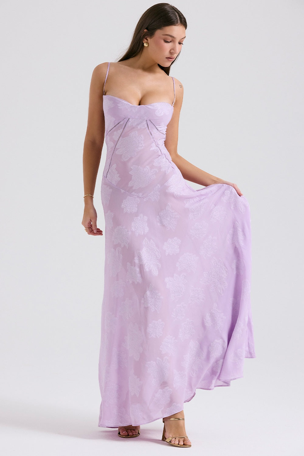 Lilac lace suspender dress with floral pattern, sweetheart neckline, long draped skirt