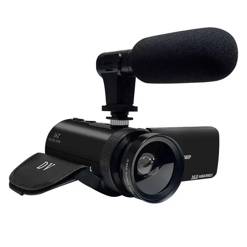 Black compact digital video camera with external microphone and large lens