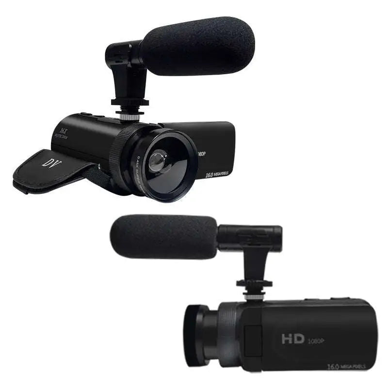 Black handheld camera with external mic and accessory mount, multiple views
