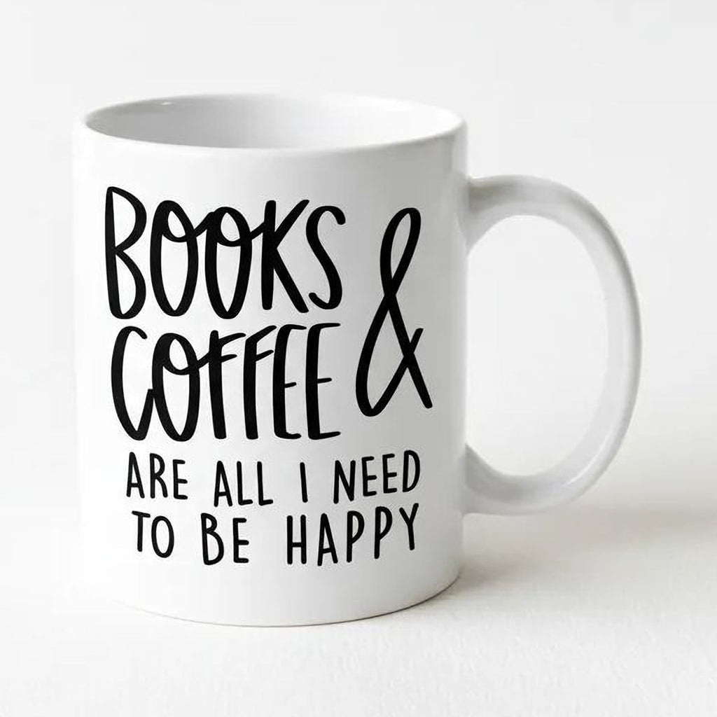 White ceramic coffee mug with 'BOOKS & COFFEE' quote and 'TO BE HAPPY'