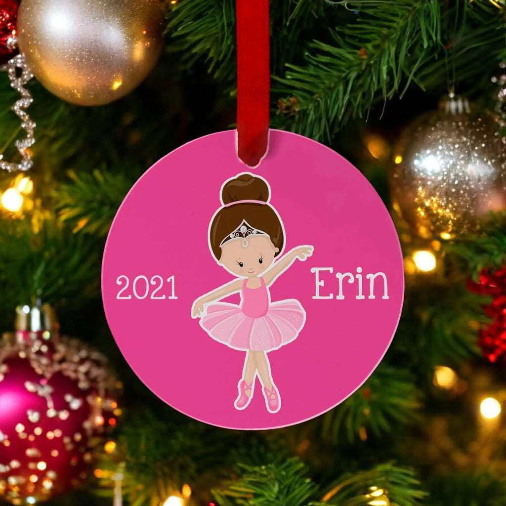 Pink round ballerina ornament with 2021 and Erin, hanging on a red ribbon