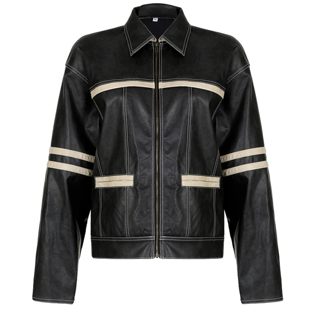 Women's Retro Contrast Color Split Leather Coat