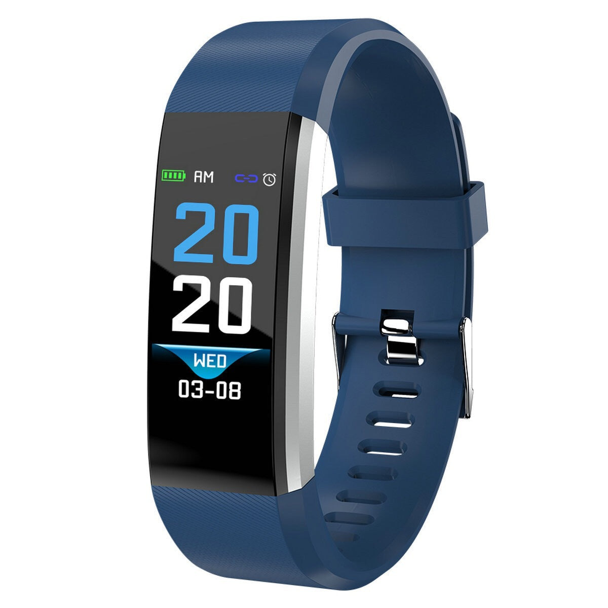 Blue fitness tracker with heart-rate style display on the screen