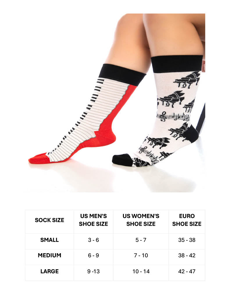 Socks size chart with US men, US women, and Euro shoe size ranges