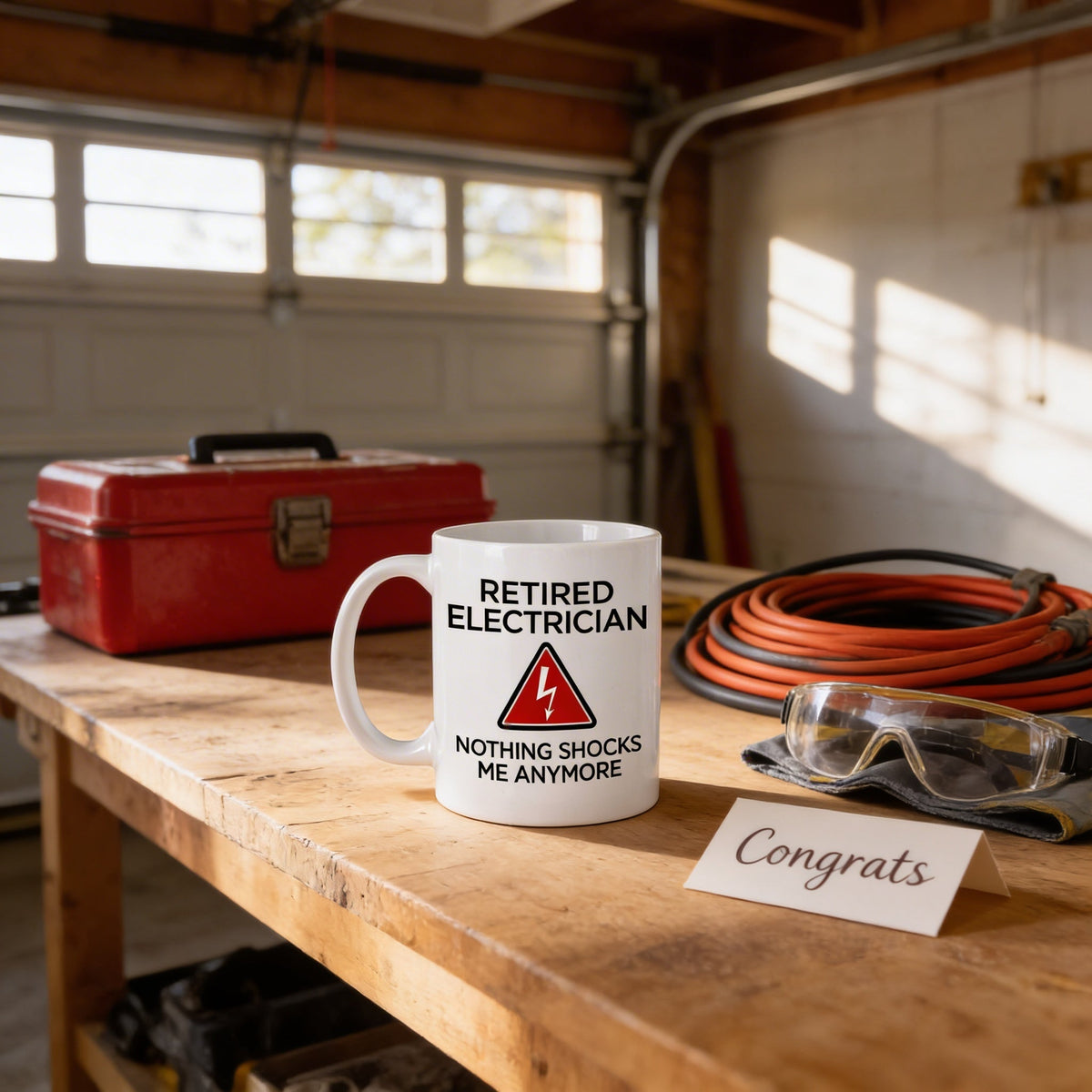 White ceramic mug on workbench with 'RETIRED ELECTRICIAN' text and lightning sign