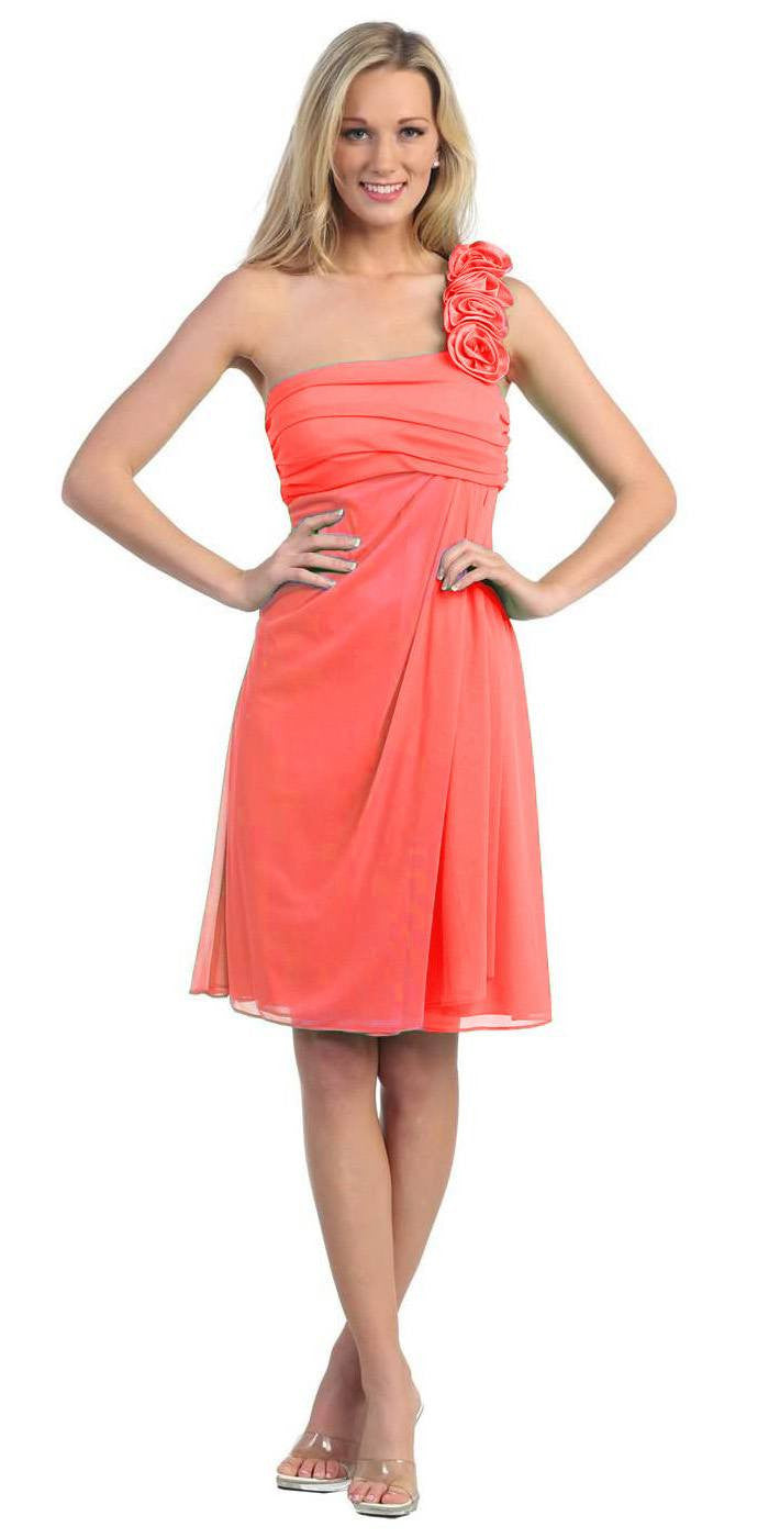 One-shoulder chiffon dress in coral-orange, with ruffled shoulder and knee-length skirt
