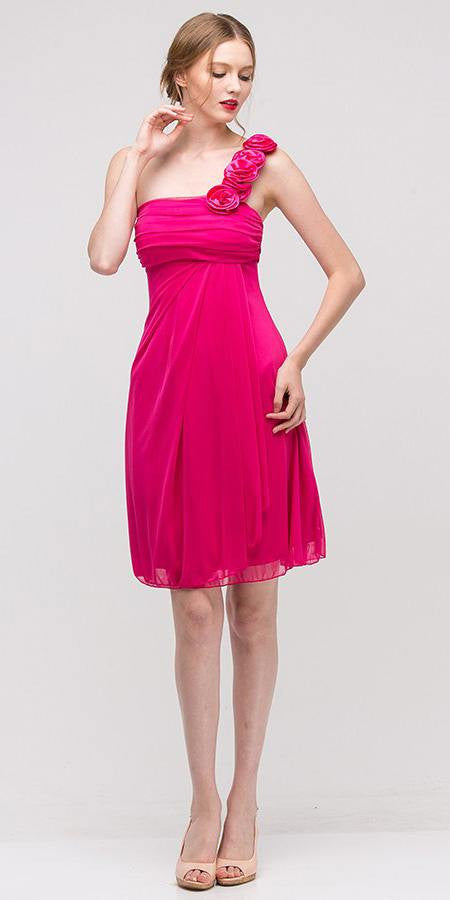 One-shoulder chiffon dress in magenta-pink, with ruffled shoulder and knee-length skirt