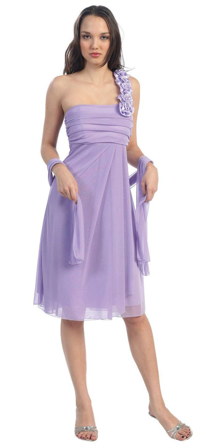 Plum one-shoulder knee-length chiffon dress with ruffled shoulder detail